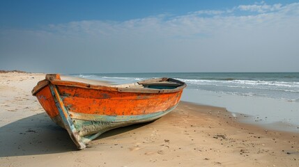 Naklejka premium Old Wooden Boat on Sandy Beach