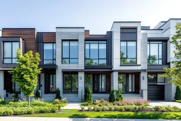 Modern residential building with large windows and landscaped front yard.
