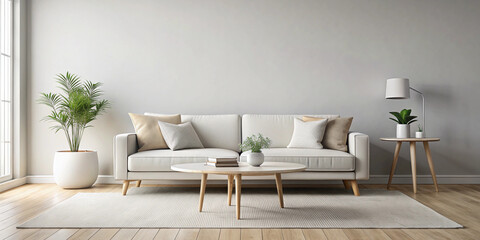 A minimalist living room featuring a white sofa, round wooden coffee table, and potted plant. The simple and clean design emphasizes neutral tones and a serene ambiance