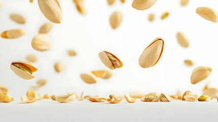 Flying Pistachios Close Up of Fresh Roasted Nuts Falling Against White Background