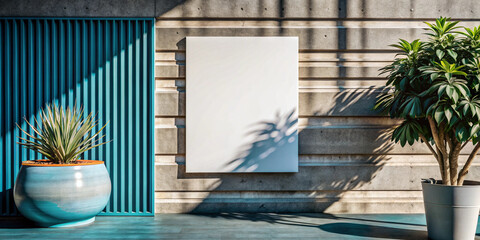 Modern minimalist setup featuring a blank poster against a concrete wall, accompanied by a wooden side table and potted plants. Simple yet stylish interior decor.