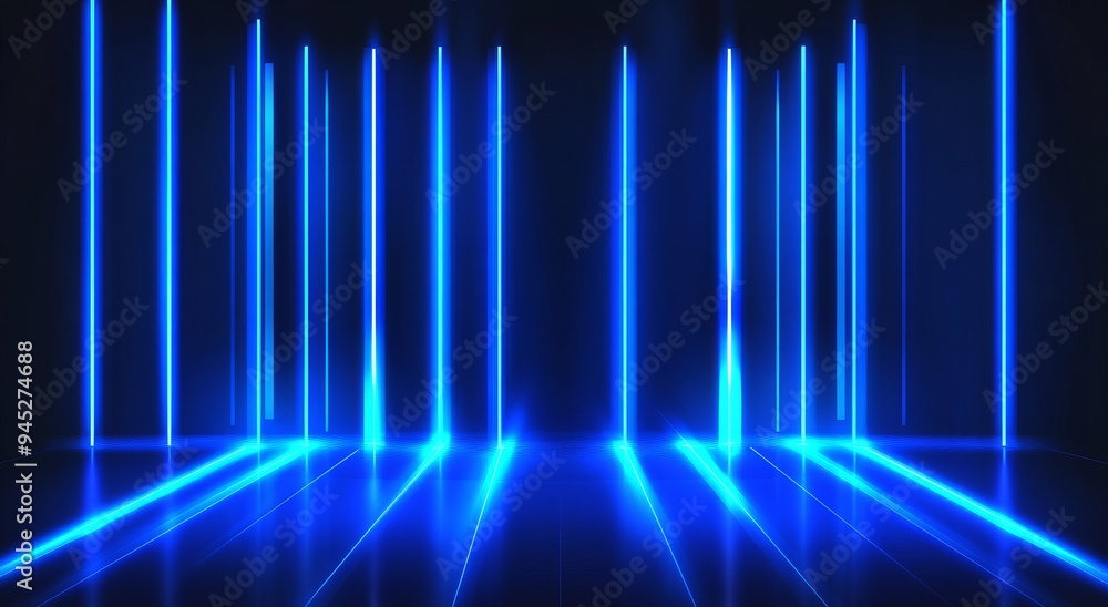 Poster an empty stage show background with neon lights and lasers. lasers and futuristic shapes on a dark b