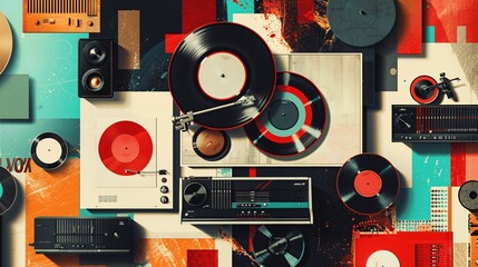 Retro Music Equipment and Vinyl Records Abstract Background