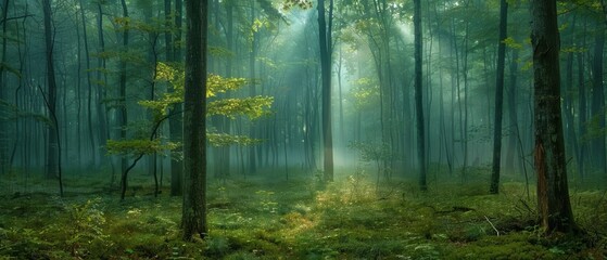 Serene Dawn in the Misty Forest - Tranquil Morning Scenery with Fog in Woods