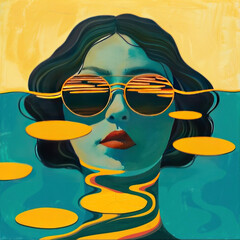 Fototapeta premium Immerse in this surreal digital art featuring a woman with reflective sunglasse
