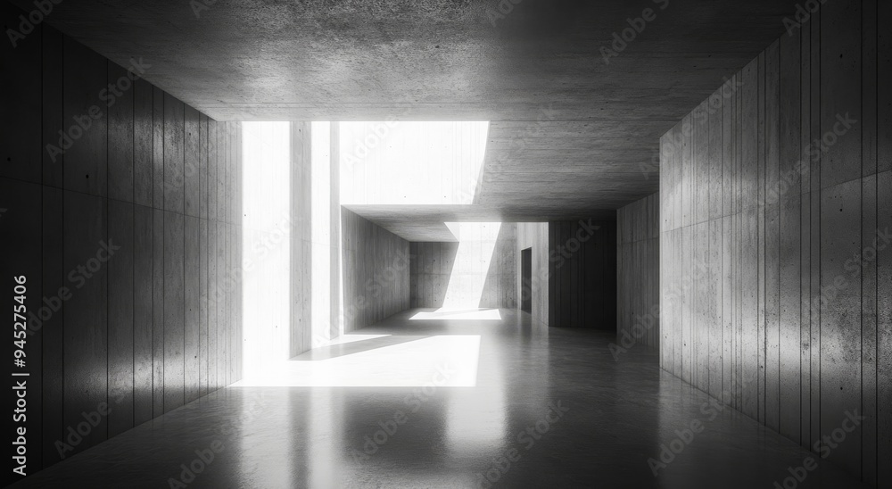 Poster an empty light grey hall with a mock-up wall has a minimal concept and is monochrome in color.