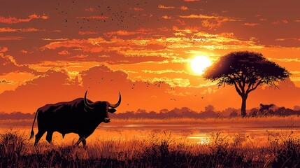 Naklejka premium Silhouette of a Bull at Sunset in an African Savanna