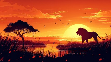 Silhouetted Lion at Sunset in the African Savanna