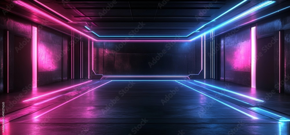 Poster 3d rendering of alien tunnel ship corridor with laser light on grunge reflective concrete empty spac