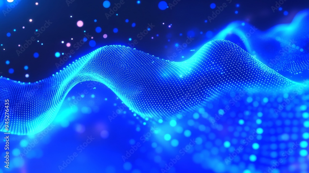 Poster digital wave background concept. motion waving dots texture with glowing defocused particles. cyber 