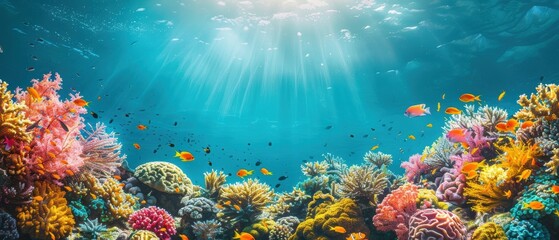 Obraz premium Underwater Paradise: Vibrant Coral Reef teeming with Colorful Fish in Crystal Clear Blue Waters