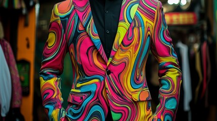 A person wearing a vibrant, abstract-patterned suit in a stylish setting.