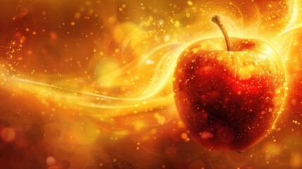 Shiny Red Apple with Golden Bokeh Background.