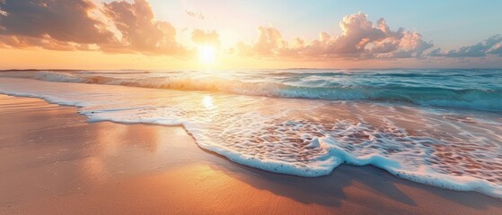 Serene Morning Seaside: Tranquil Beach at Sunrise with Gentle Waves