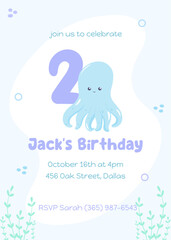 Marine life-themed second birthday invitation. Adorable underwater card for children with a cheerful blue octopus in gentle colors.