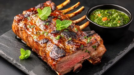 Juicy rack of lamb, perfectly seared, served with a mint chimichurri, luxurious and elegant presentation