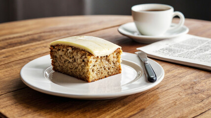 Delicious Dessert: Coffee and Frosted Cake on Wooden Table