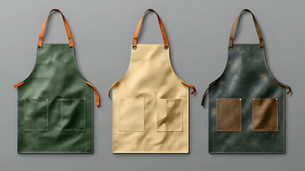Three Different Styles of Aprons with Pockets and Leather Straps