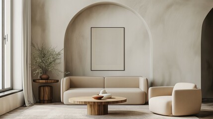 Japandi interior living room home room design with sofa
