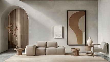 Japandi interior living room home room design with sofa