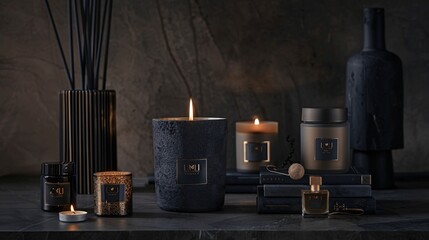 Naklejka premium Black and Gold Scented Candles and Perfume on Dark Background