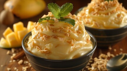 Mango dessert with mint garnish