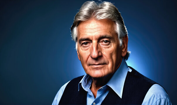 A man with gray hair and a blue shirt stares intently into the camera