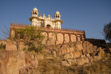 Fototapeta premium Beautiful architecture of Jaswant Thada cenotaph, in memory of Maharaja Jaswant Singh II, intricately carved sheets of Makrana marble, Jodhpur, Rajasthan, India, Asia.
