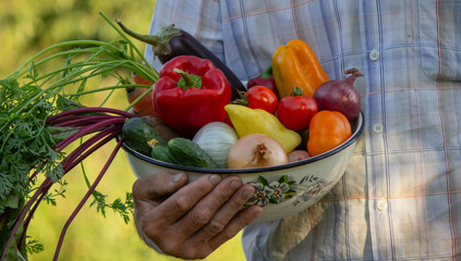 farmer holding a bowl of vegetables in the garden. Selective focus