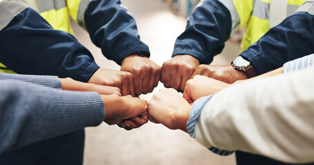 Group, people and teamwork with fist bump in warehouse for collaboration, trust and motivation. Logistics, dropshipping and workers with gesture of support for partnership, agreement and solidarity