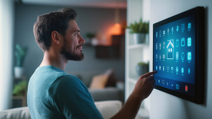 Young man using a wall-mounted digital touch screen panel in the living room to control his smart home devices.