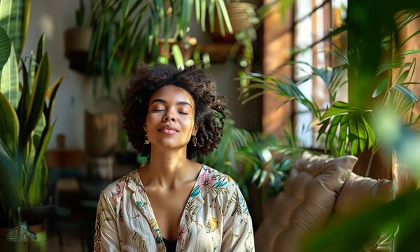 Engage in a serene experience as a person breathes deeply, surrounded by vibrant plants and soft sunlight in a cozy indoor space, perfect for relaxation and mindfulness