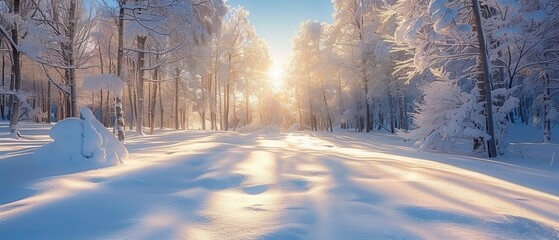 Serene Snowy Forest Bathed in Radiant Winter Sunlight