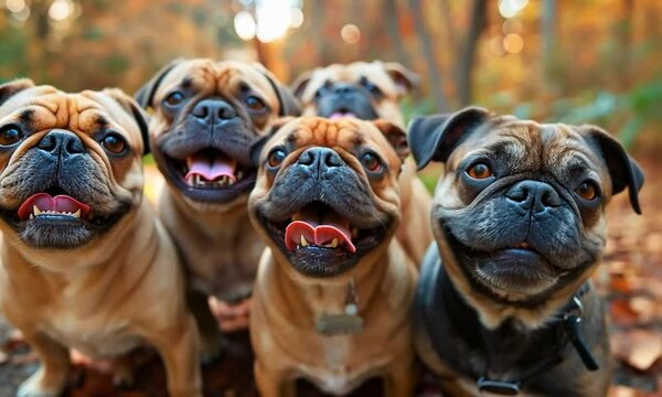 In a beautiful autumn forest, five lively pugs joyfully play and interact, showcasing their unique personalities against a backdrop of colorful leaves