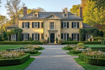 A beautiful, classic mansion with a landscaped garden and gravel pathway.