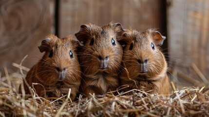 Fototapeta premium Three Guinea Pigs on Wooden Background.