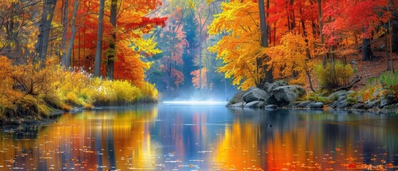 Naklejka premium Serene Autumn Reflections: Colorful Trees with Vibrant Foliage Mirrored in a Tranquil River