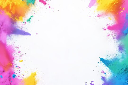 The colorful rainbow holi paint color powder explosion is isolated against a white background with a frame border with copy space
