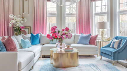 Interior of elegant living room with white sofa, blue, pink, and white curtains, glass table, and flowers in vase