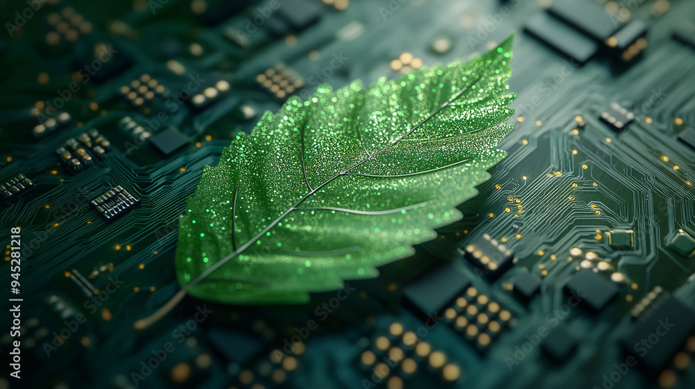 Poster green natural eco friendly green leaf and computer technology on abstract high tech futuristic backg