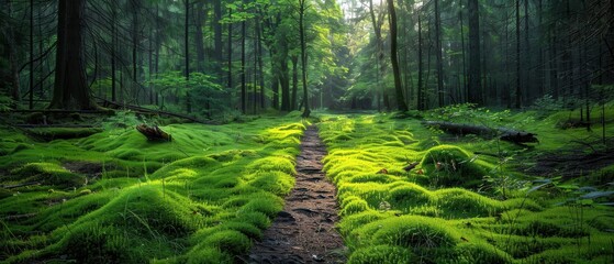 Enchanted Sunlit Forest Path with Lush Moss-Covered Ground