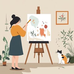A woman painting on an easel at home, surrounded by plants and a cat, showcasing creativity and relaxation in a cozy space.
