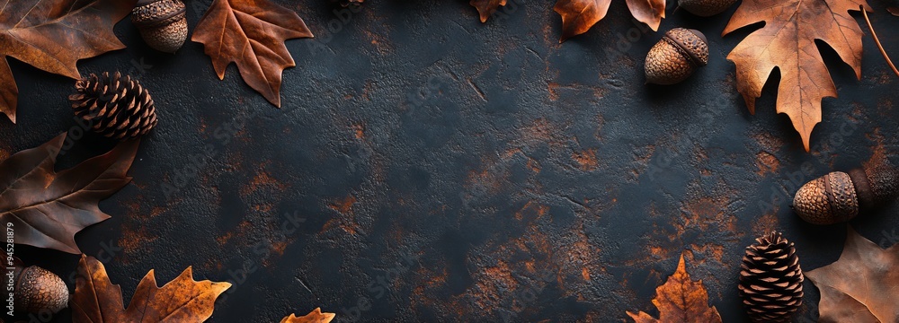 Poster an overhead view with copy space on a rustic banner background with colorful leaves, nuts, and pine 