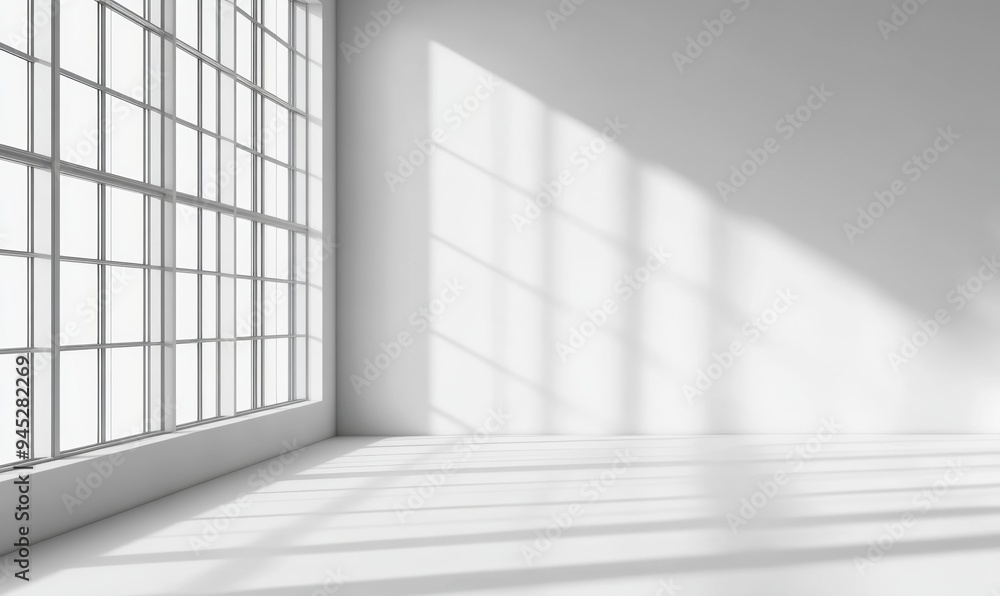 Aufkleber the light and shadow of window curtains on a wall create an abstract light gray background for produ