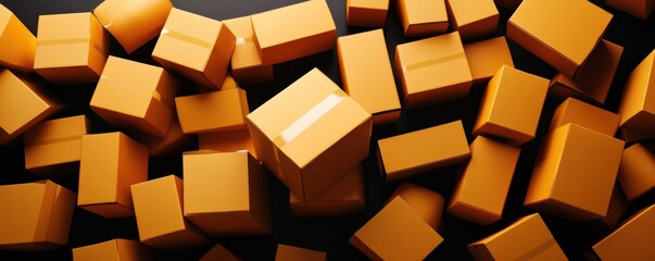 A collection of vibrant yellow boxes scattered on a black surface, ideal for retail or shipping themes.