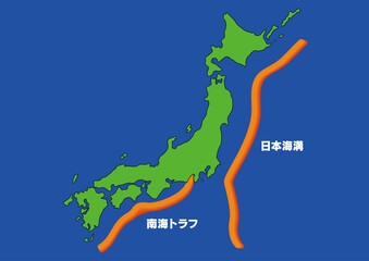日本地図と付近の海峡の地図。南海トラフや日本海溝の位置を示す。