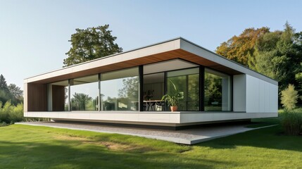 Fototapeta premium Modern minimalist house with large windows and surrounding greenery.