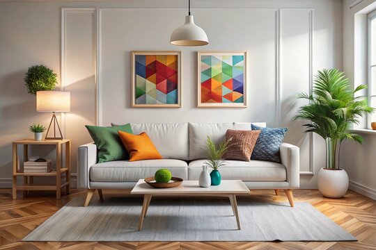 Scandinavian interior design of modern living room, home. Colorful vibrant pillows on white sofa against wall with art poster frame