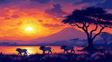 Three Lions Silhouetted Against a Sunset Over an African Landscape