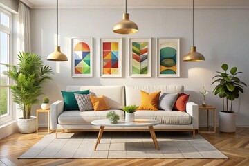 Scandinavian interior design of modern living room, home. Colorful vibrant pillows on white sofa against wall with art poster frame
